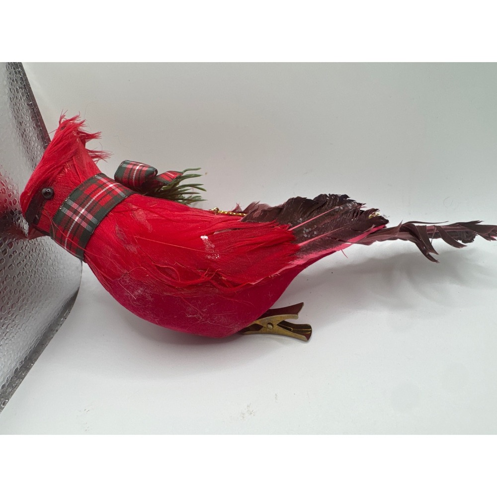 Red Feathered Cardinal Christmas Ornament Clip On Plaid Scarf 8.5 Inch